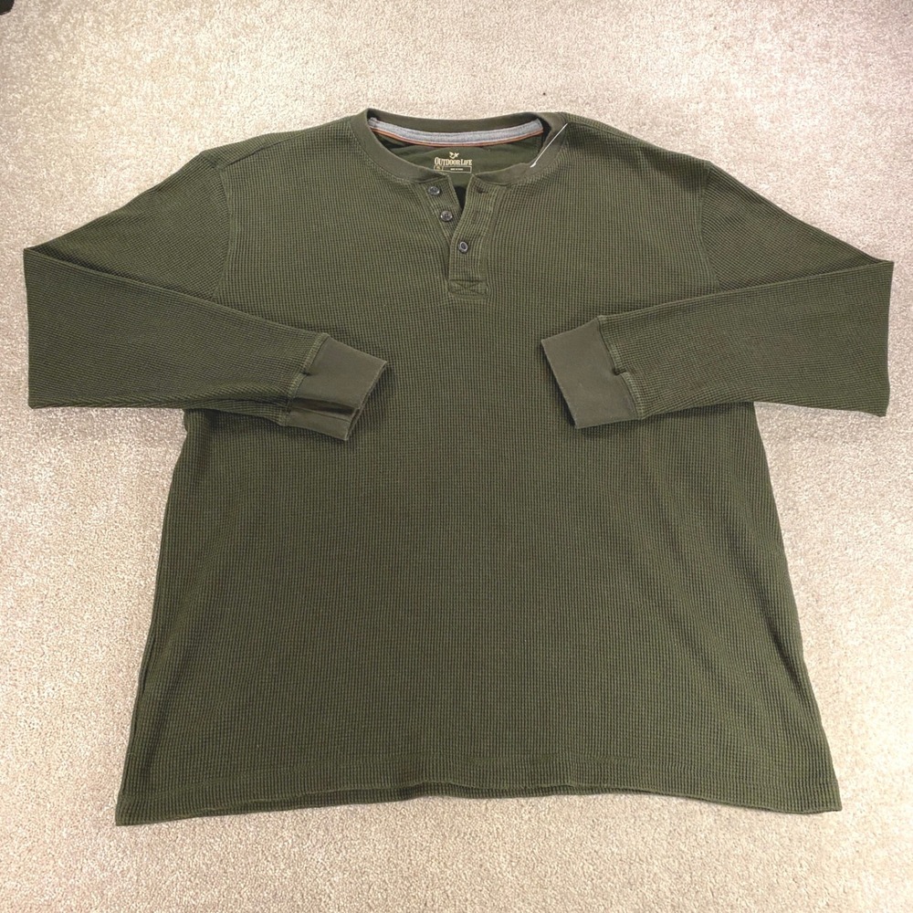 Outdoor Life Henley Shirt Mens XL Olive Green Waffle Knit Long Sleeve Thermal